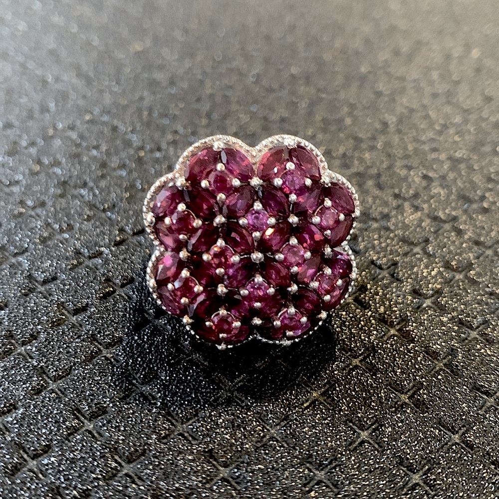 Rhodolite garnet cluster platinum over sterling silver size 9